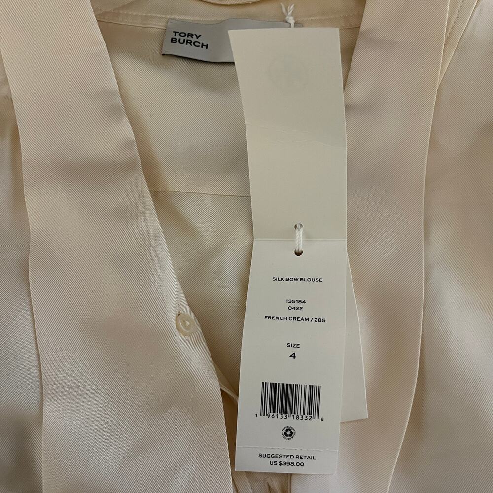 Tory Burch Silk Bow Long Sleeve Blouse French Cream Size 4 - Picture 8 of 10